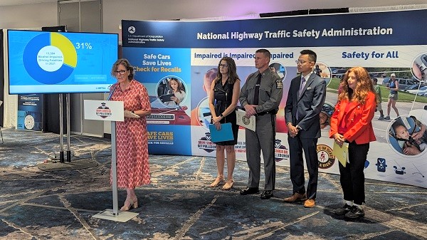 NHTSA Acting Administrator Ann Carlson speaks at a Drive Sober or Get Pulled Over press conference at the GHSA 2023 Annual Meeting on August 15.