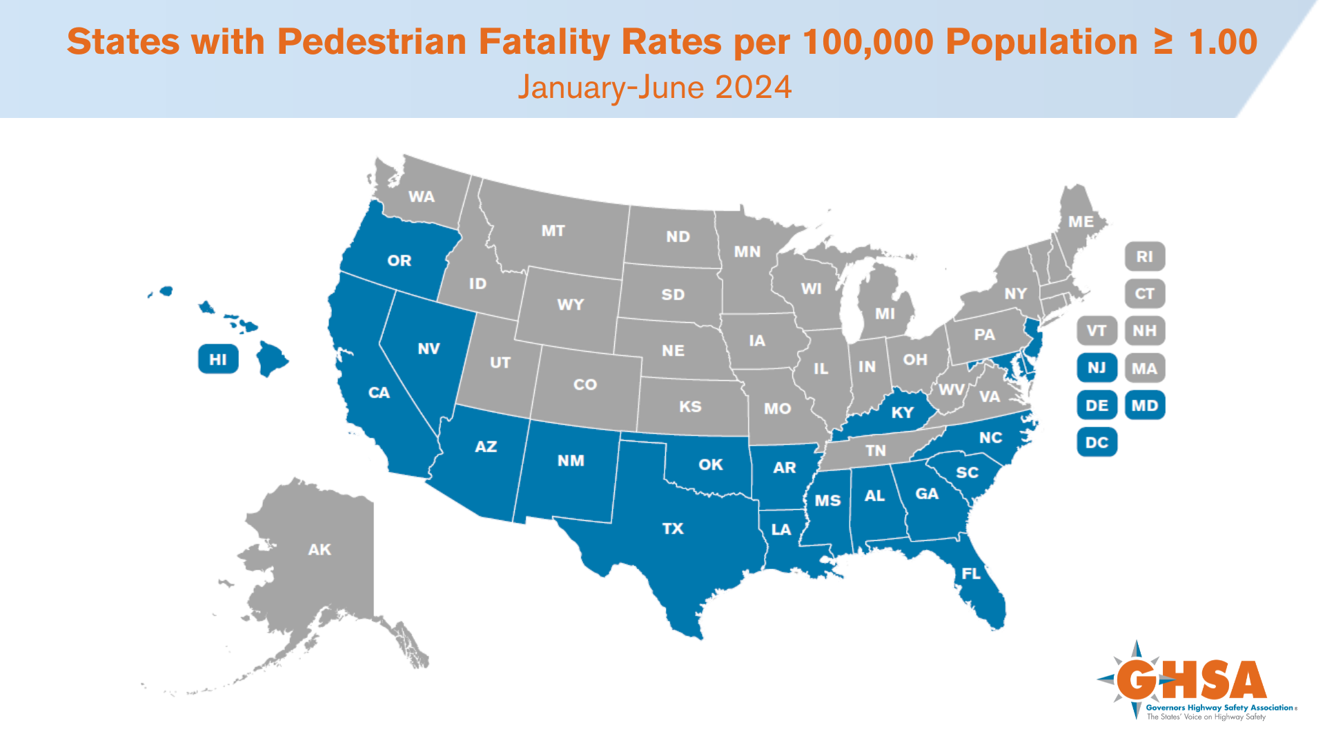 Map showing states with a pedestrian fatality rate at or above 1.00 deaths per 100,000 population