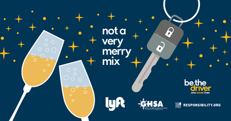 Graphic of car keys and two glasses of champagne with text reading not a very merry mix
