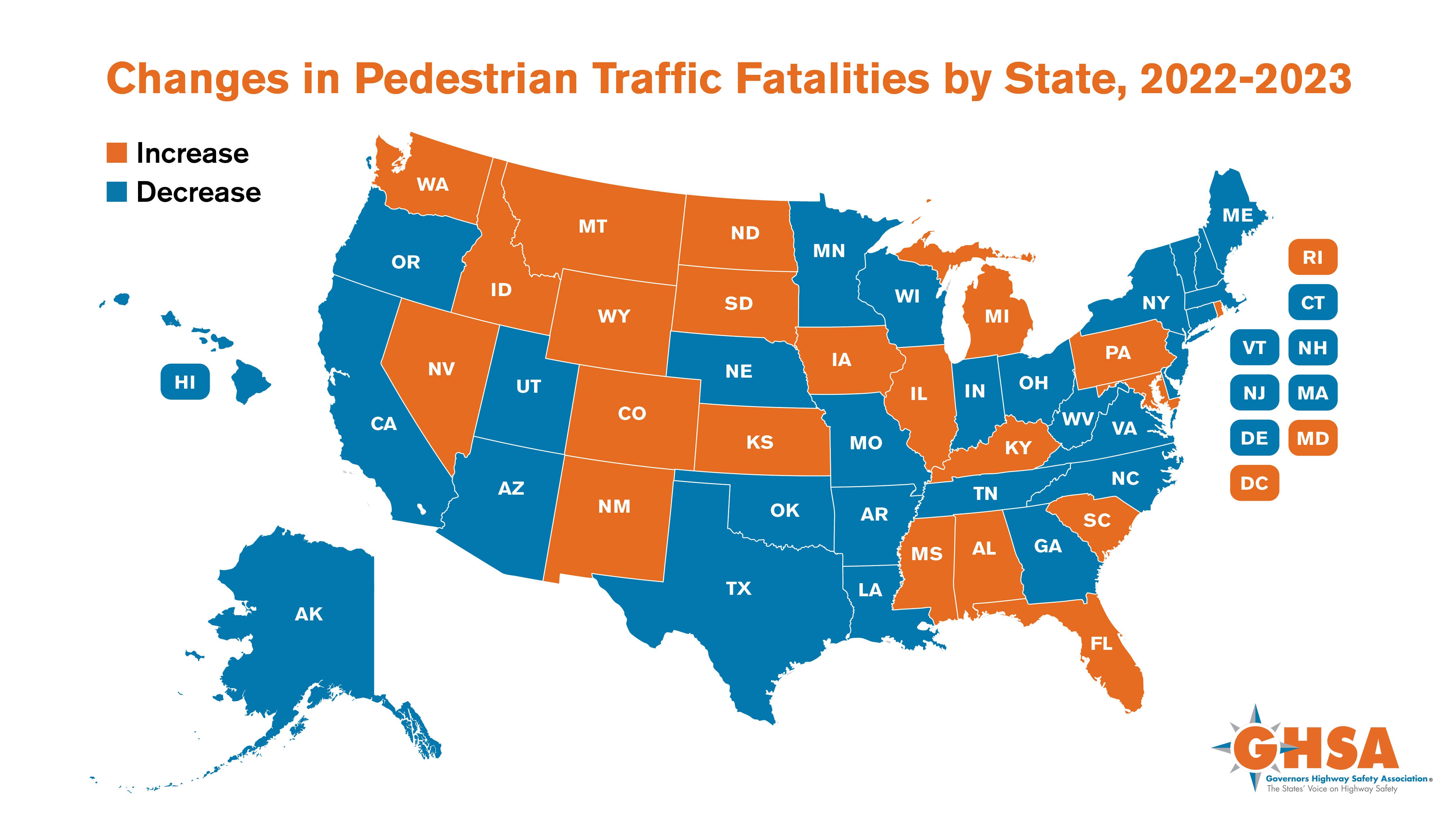 Changes in Pedestrian Traffic Fatalities by State, 2022-23