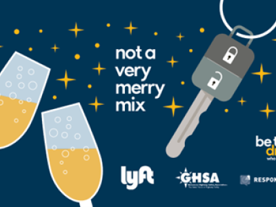 Graphic of car keys and two glasses of champagne with text reading not a very merry mix