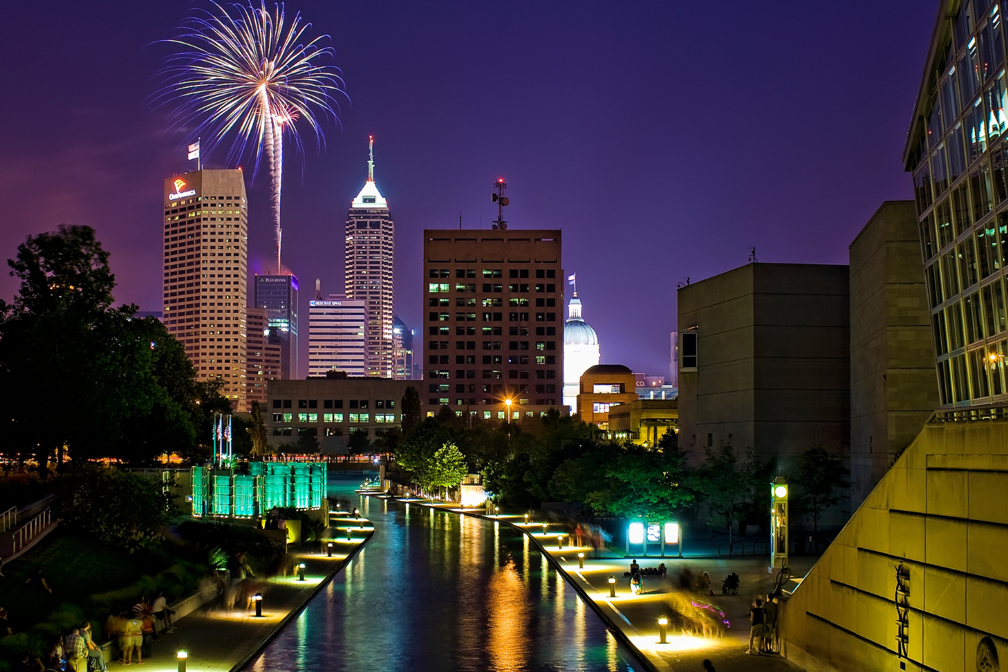 View of the Indianapolis skyline at night with fireworks